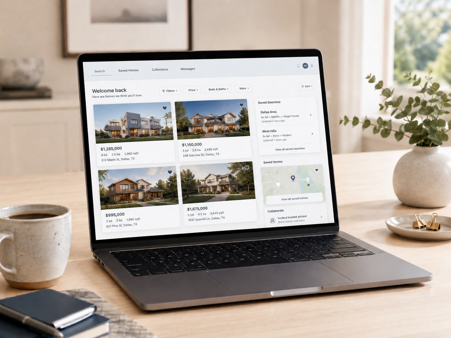 Laptop displaying a personalized home search and saved listings