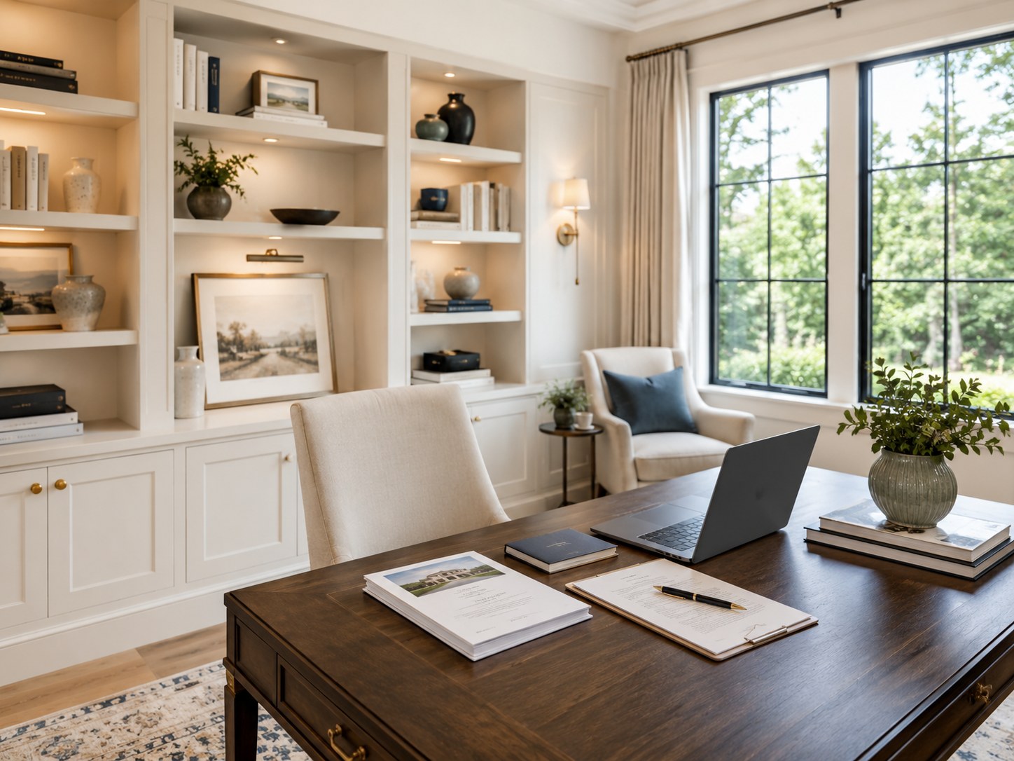Bright real estate office with a laptop, property documents, and built-in shelving
