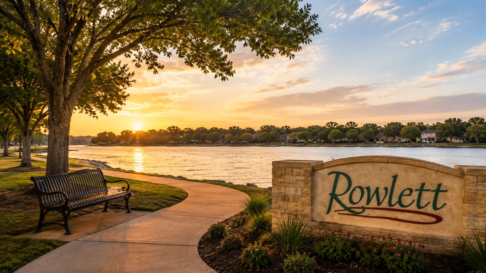 Downtown Rowlett, DART rail, Lake Ray Hubbard, and residential neighborhoods in Rowlett, Texas